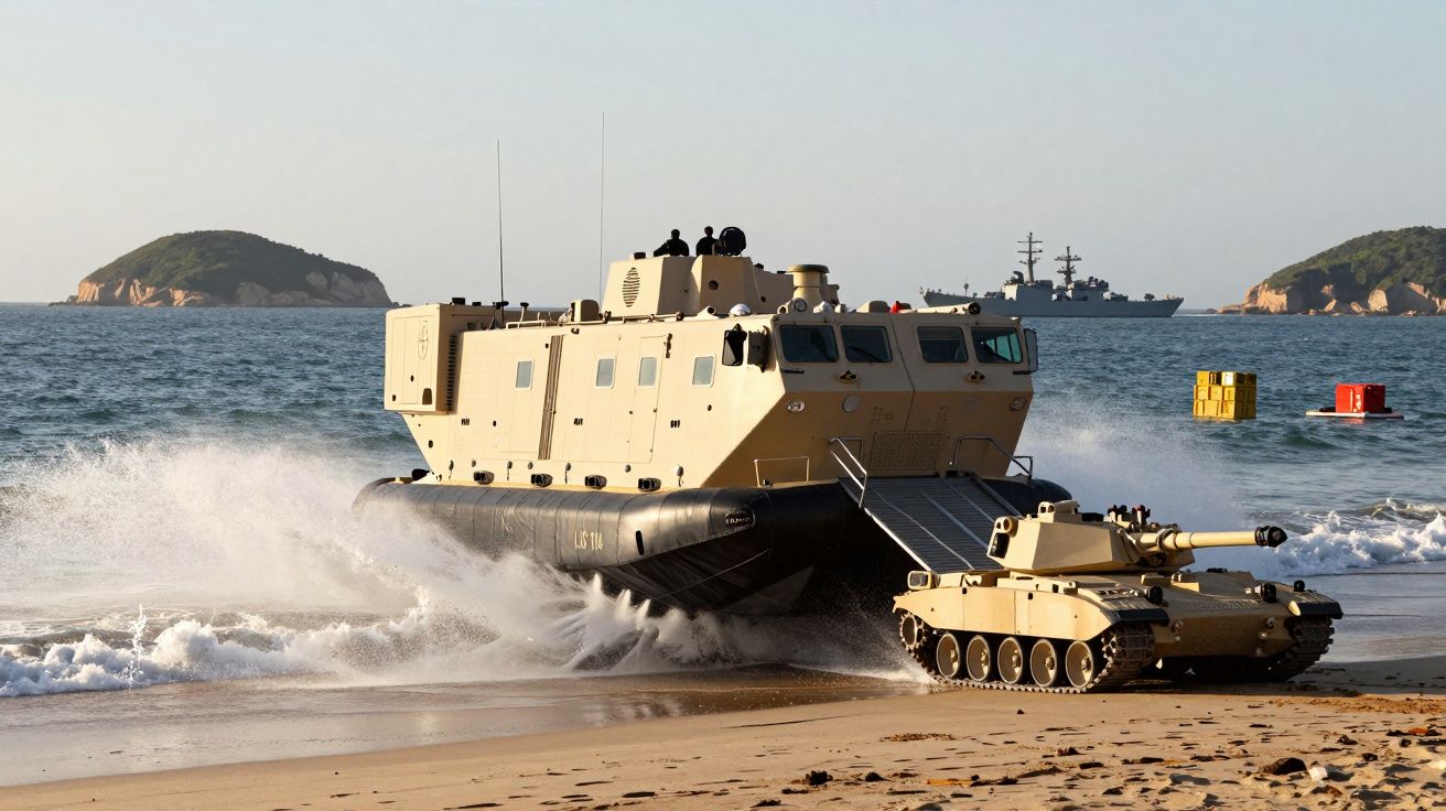 Veículo anfíbio a desembarcar um pequeno tanque de guerra na praia durante exercício militar.