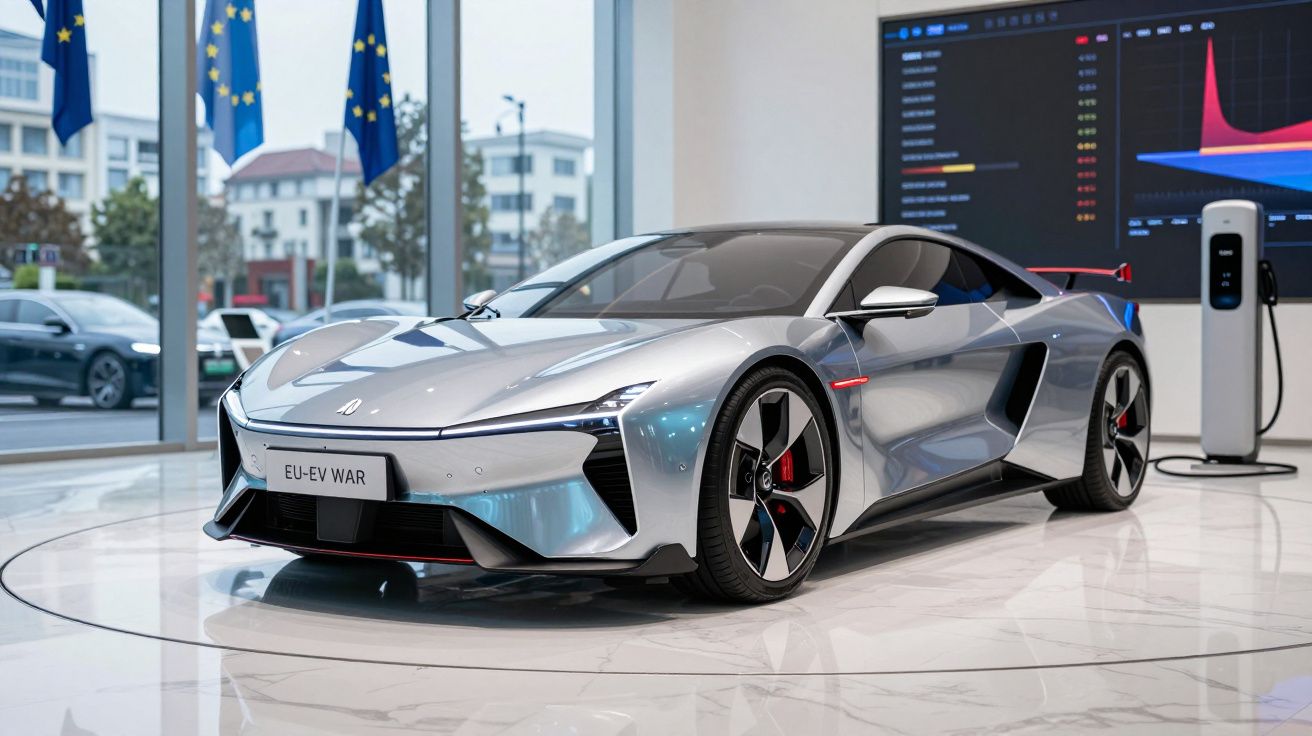 Carro elétrico desportivo prateado estacionado em exibição numa sala moderna com painéis de vidro e bandeiras.