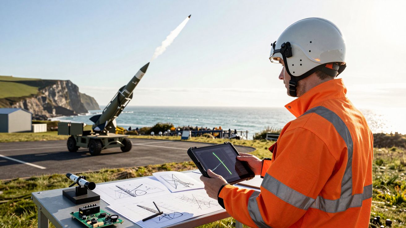 Homem com capacete e colete refletor a controlar lançamento de míssil junto ao mar.