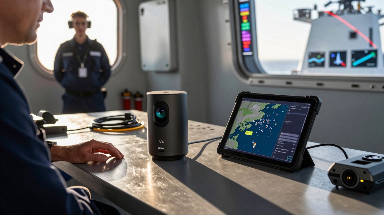 Mesa metálica com dispositivo de vigilância e tablet a mostrar mapa marítimo dentro de um navio.