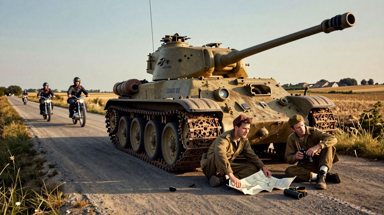 Tanque militar antigo estacionado numa estrada rural com dois soldados sentados e motociclistas ao fundo.