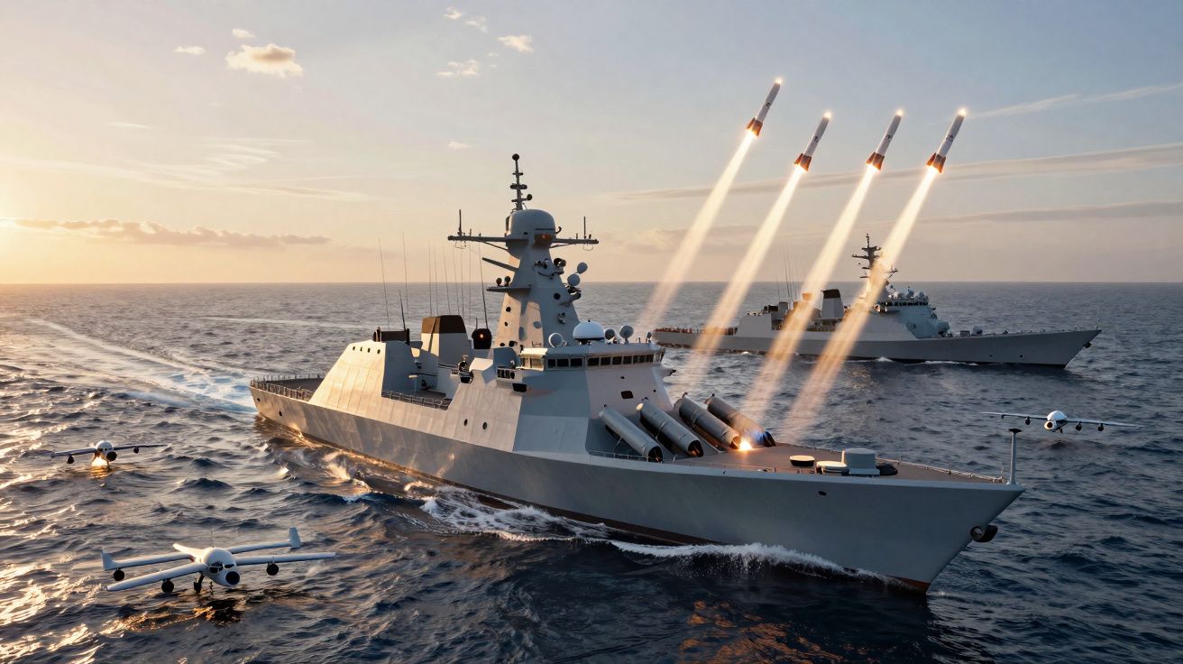 Dois navios de guerra no mar lançando mísseis, com drones voando nas proximidades ao pôr do sol.