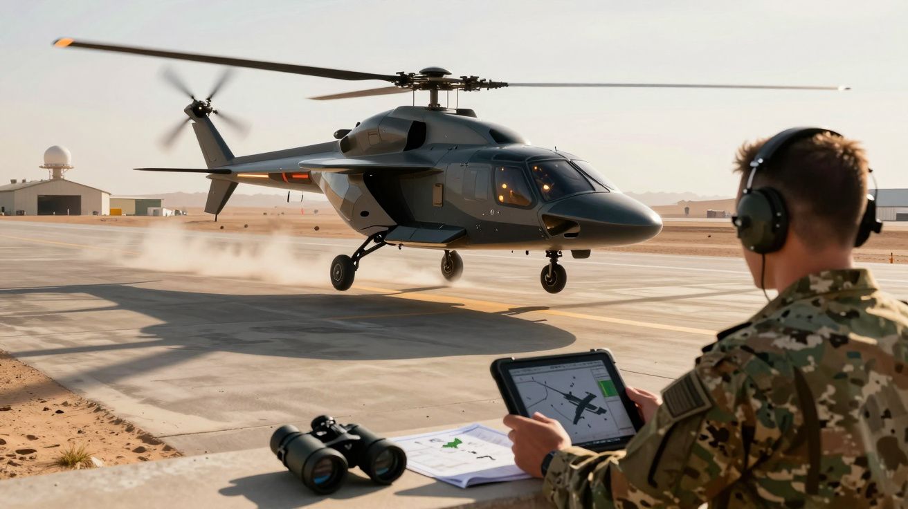 Helicóptero cinzento a aterrar numa pista deserta com um soldado a controlar com tablet em primeiro plano.