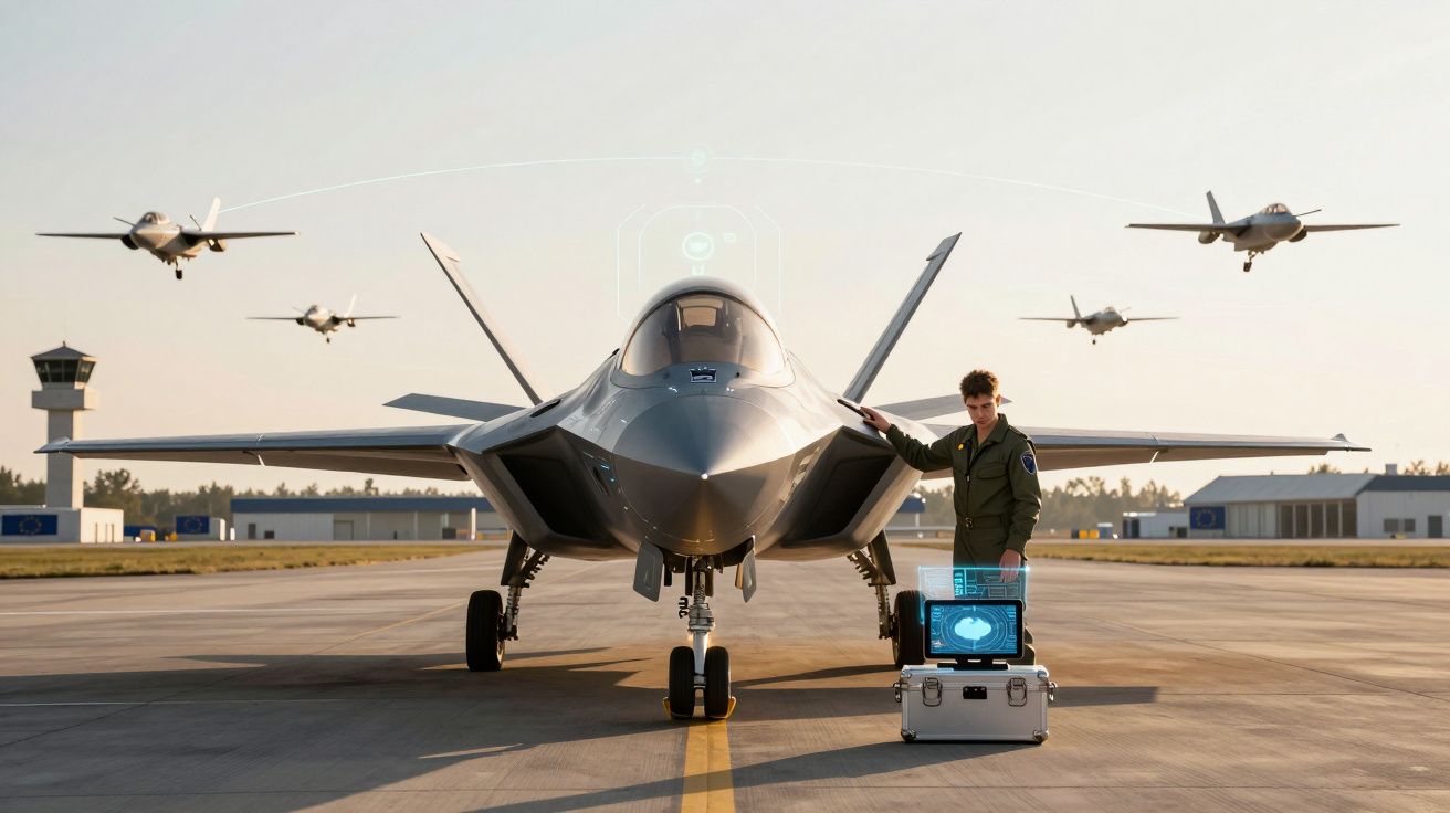 Aviões militares num aeroporto com piloto ao lado de jato estacionado e controle digital portátil.