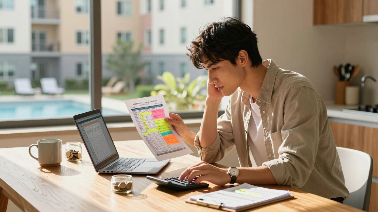 Jovem a calcular despesas com documento e laptop numa mesa junto a uma janela com vista para piscina.