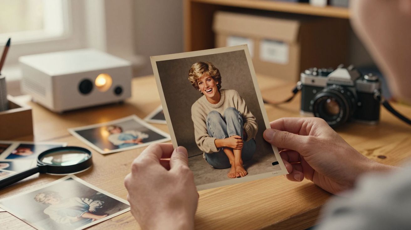 Pessoa a segurar uma fotografia antiga de uma mulher sorridente sentada, com várias fotos e uma câmera numa mesa de madeira.