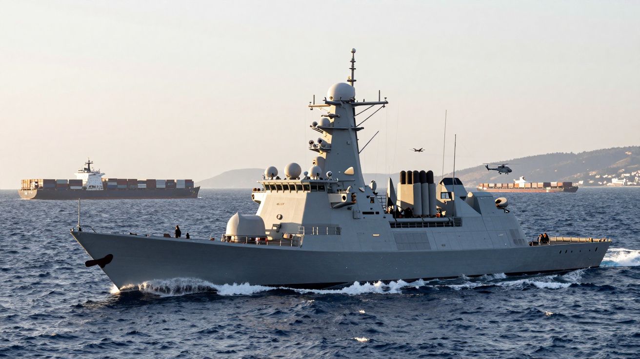 Navio de guerra a navegar no mar com dois navios cargueiros e um helicóptero no fundo.