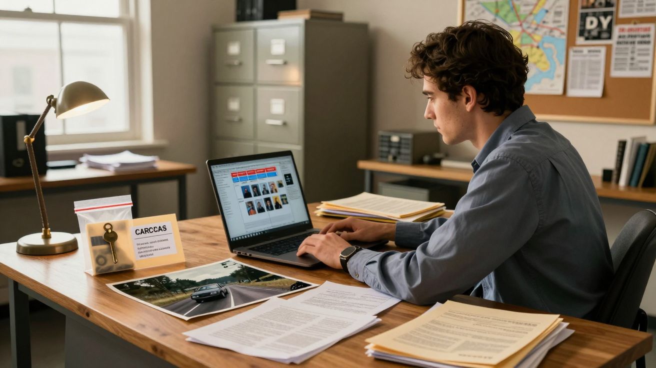 Homem está a trabalhar num computador portátil numa secretária com documentos e fotografias numa sala de escritório.