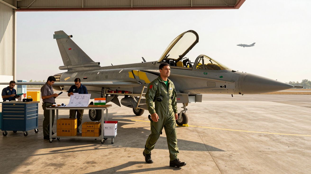 Militar em fato de voo verde a andar perto de um caça estacionado em hangar com outro avião a descolar ao fundo.