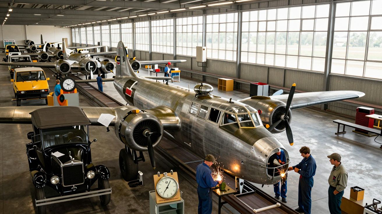 Interior de hangar com aviões vintage e trabalhadores a reparar um avião prateado de hélice.