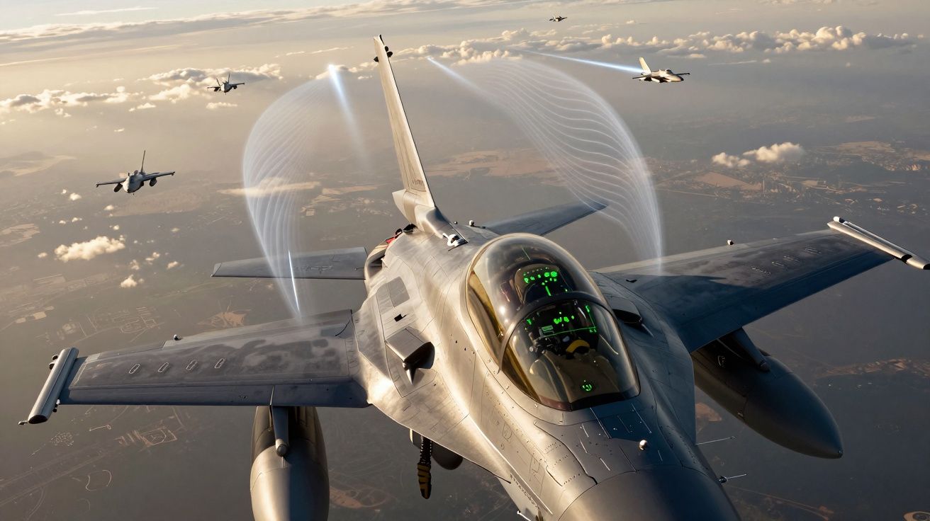 Formação de jatos militares a sobrevoar paisagem com nuvens ao pôr do sol.