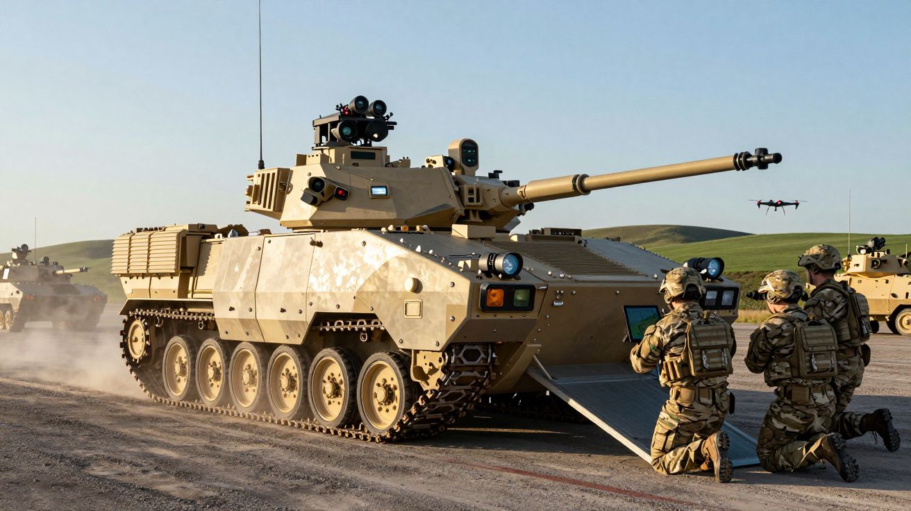 Veículo blindado militar com canhão e soldados operando equipamento ao lado em terreno aberto.