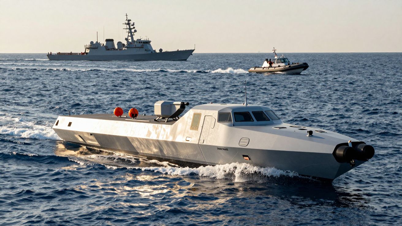 Barco militar rápido no mar com um navio maior e uma lancha ao fundo em mar calmo.