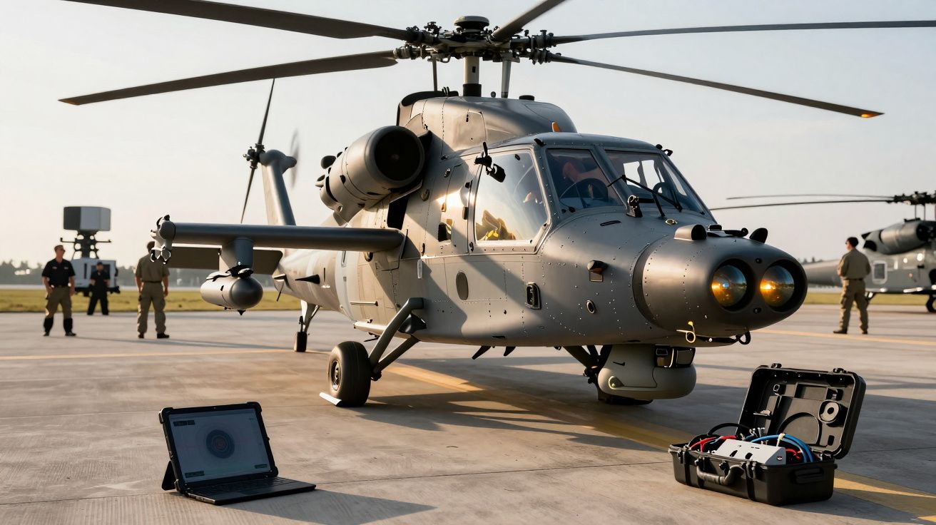 Helicóptero militar cinzento estacionado com equipamentos eletrónicos no solo e pessoas ao fundo.