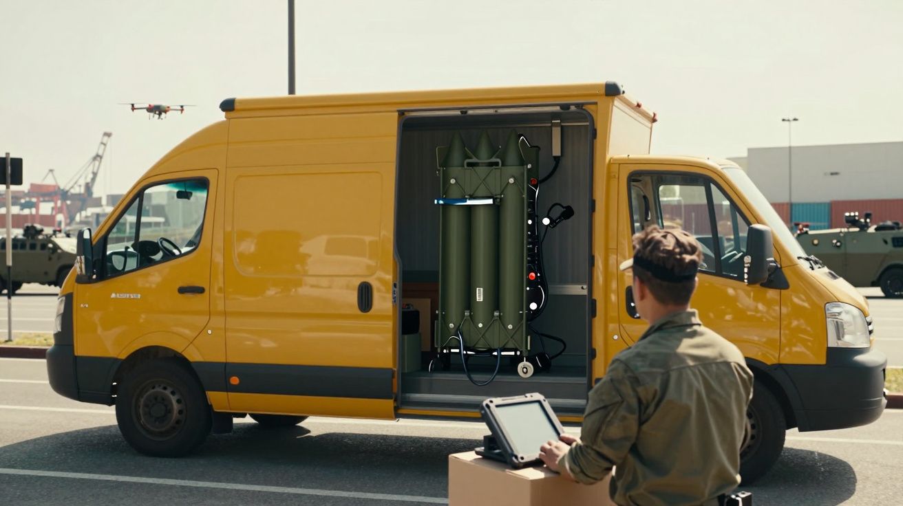 Militar controla drone próximo a carrinha amarela com equipamento militar no interior estacionada num cais.