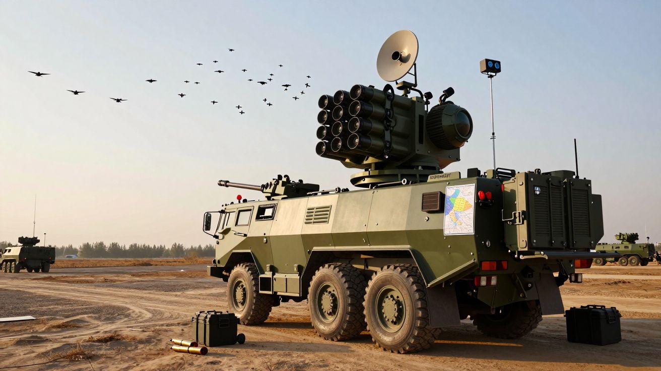Veículo militar blindado com sistema de mísseis e radar estacionado em terreno aberto, aves ao fundo.
