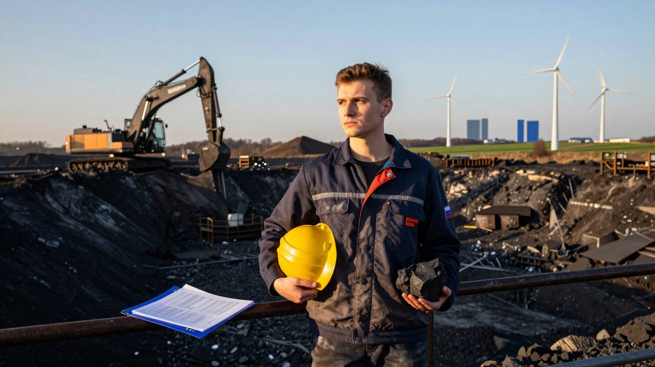 Homem com fato de trabalho segura capacete e carvão num terreno de mineração com turbinas eólicas ao fundo.
