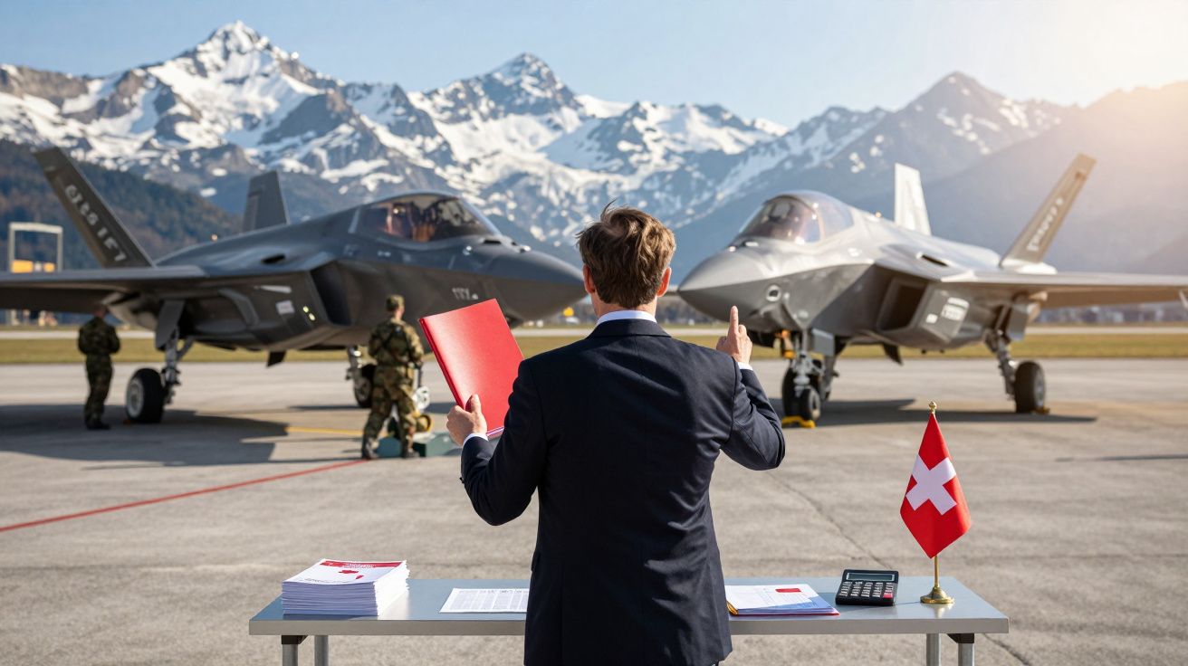 Homem de costas a gesticular diante de dois caças militares e mesa com bandeira da Suíça, em pista junto a montanhas.
