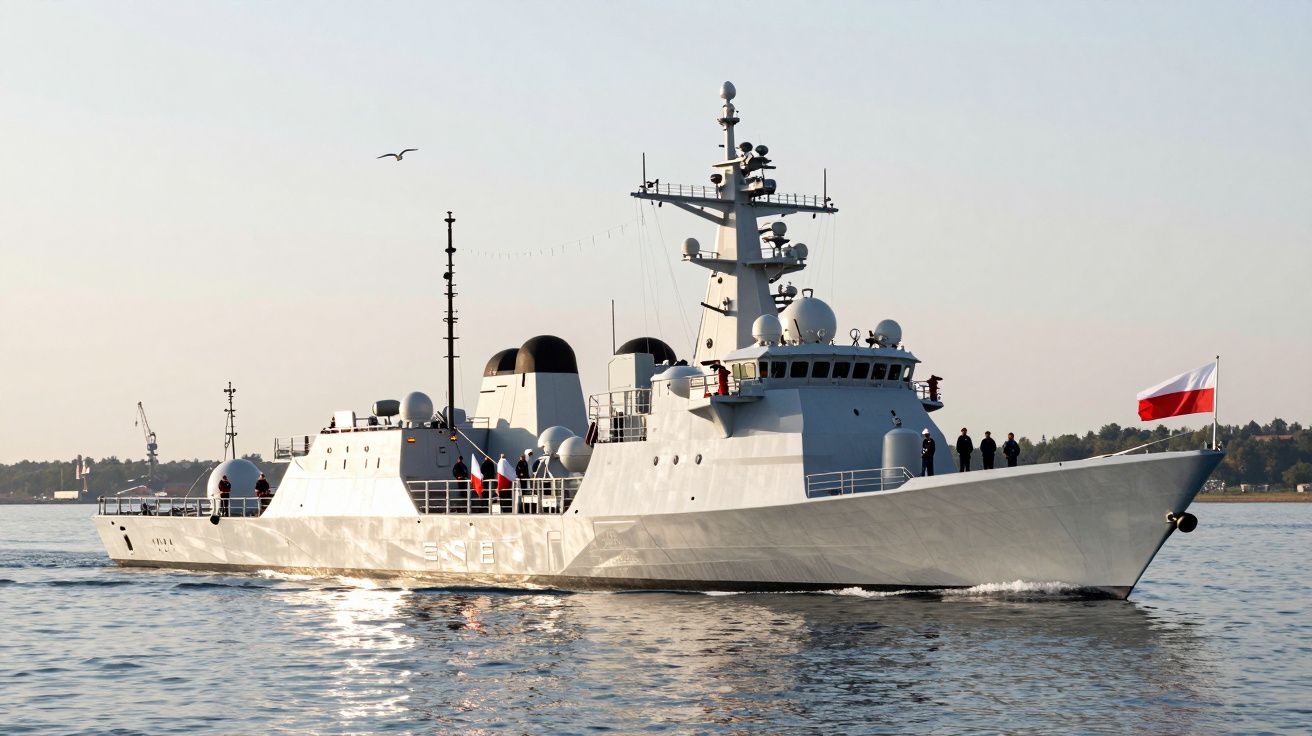 Navio de patrulha militar branco com bandeira polaca navegando em águas calmas ao pôr do sol.