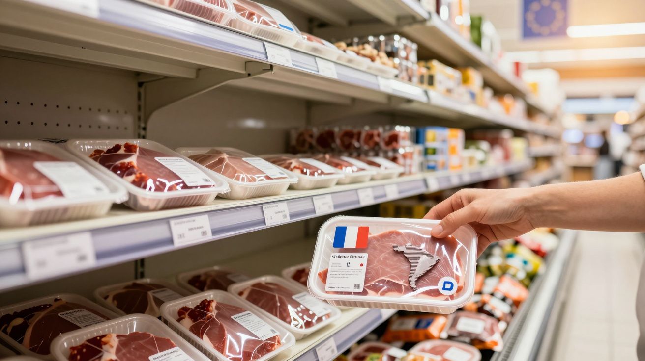 Mão de pessoa a segurar embalagem de carne com bandeira francesa numa prateleira de supermercado.
