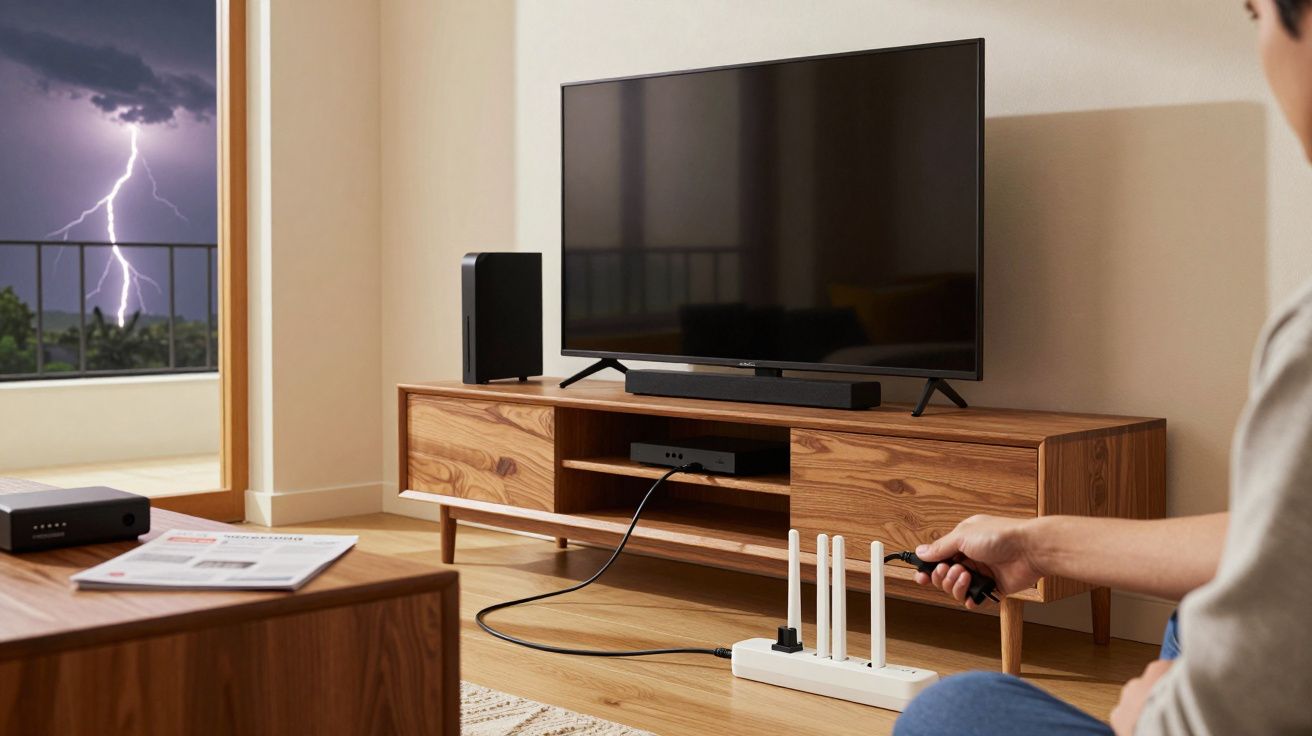 Relâmpago visto pela janela enquanto pessoa segura comando remoto numa sala com televisão desligada.