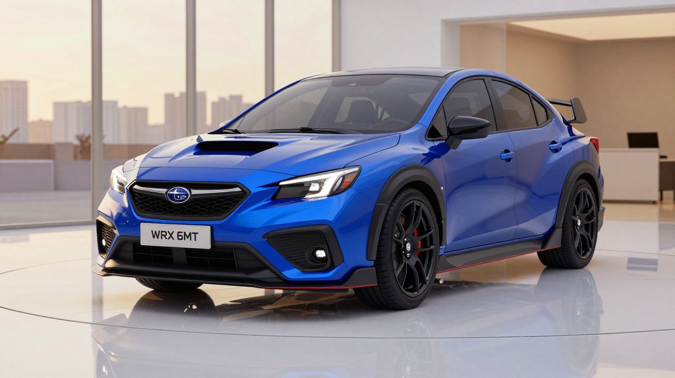 Automóvel desportivo azul Subaru WRX 6MT estacionado em interior moderno e luminoso.