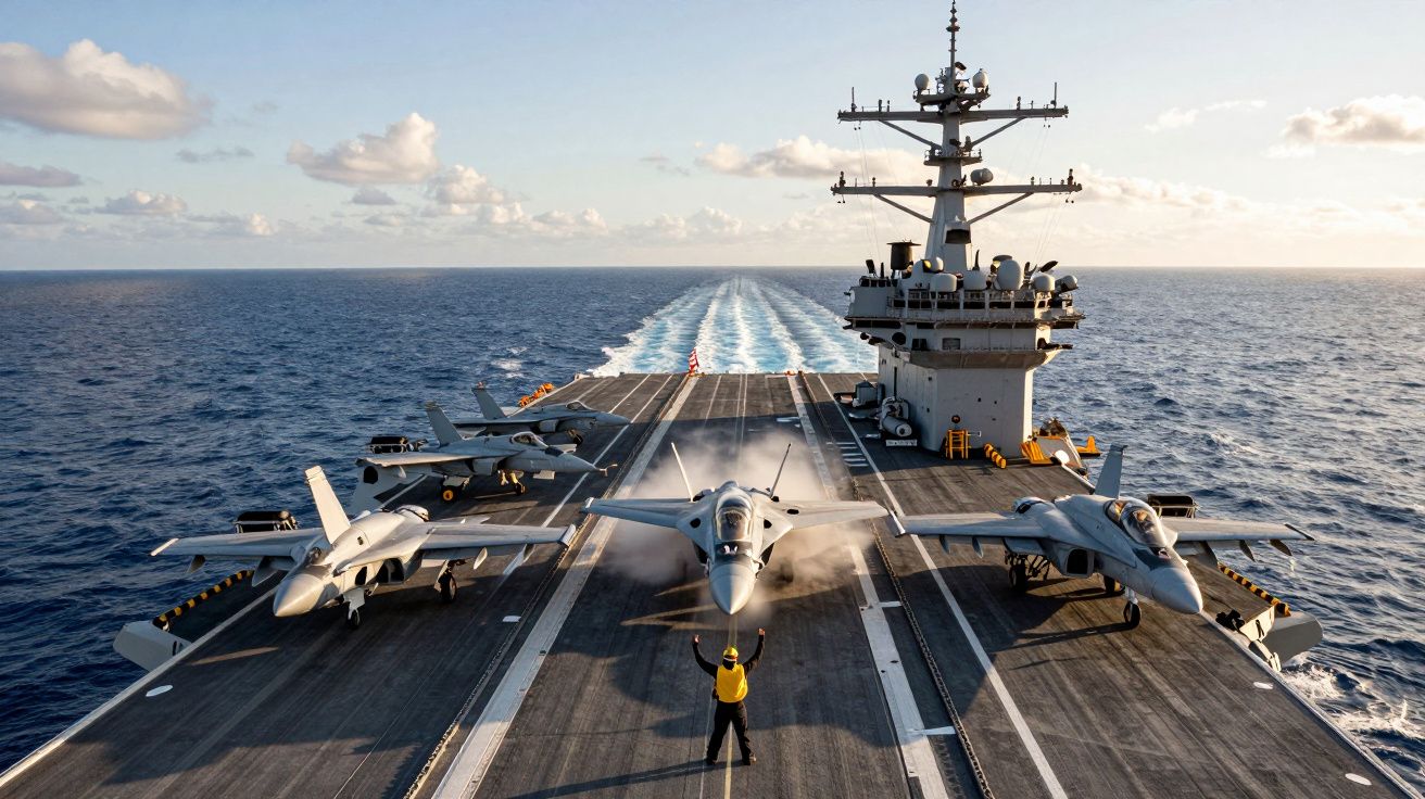 Porta-aviões em mar aberto com três jatos numa pista de descolagem e um operador a sinalizar.