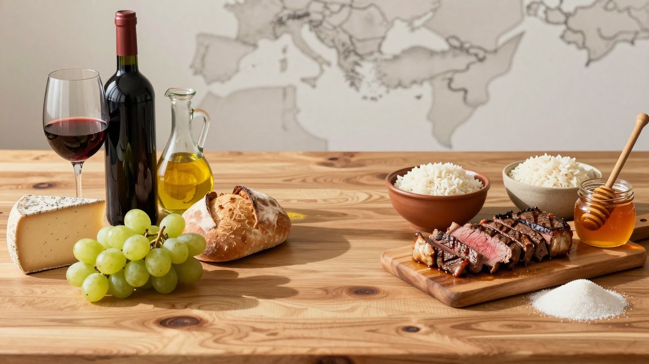 Mesa de madeira com vinho tinto, queijo, uvas, pão, azeite, arroz, bife e mel em frasco com colher.