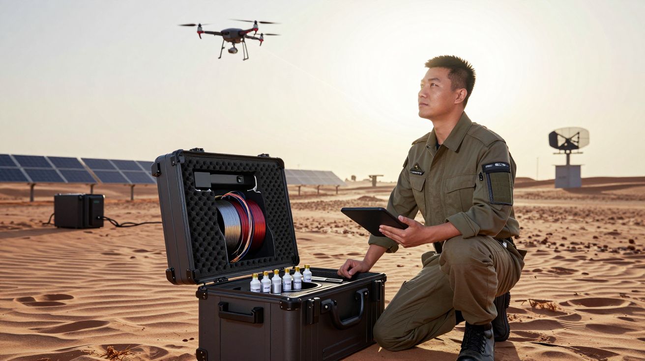 Homem em uniforme com tablet controla drone num deserto junto a equipamentos científicos e painéis solares.