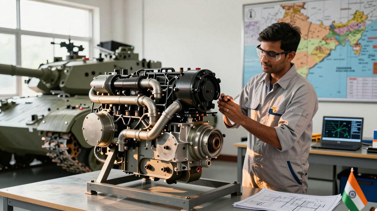 Homem a trabalhar num motor mecânico em oficina com tanque e mapas ao fundo.