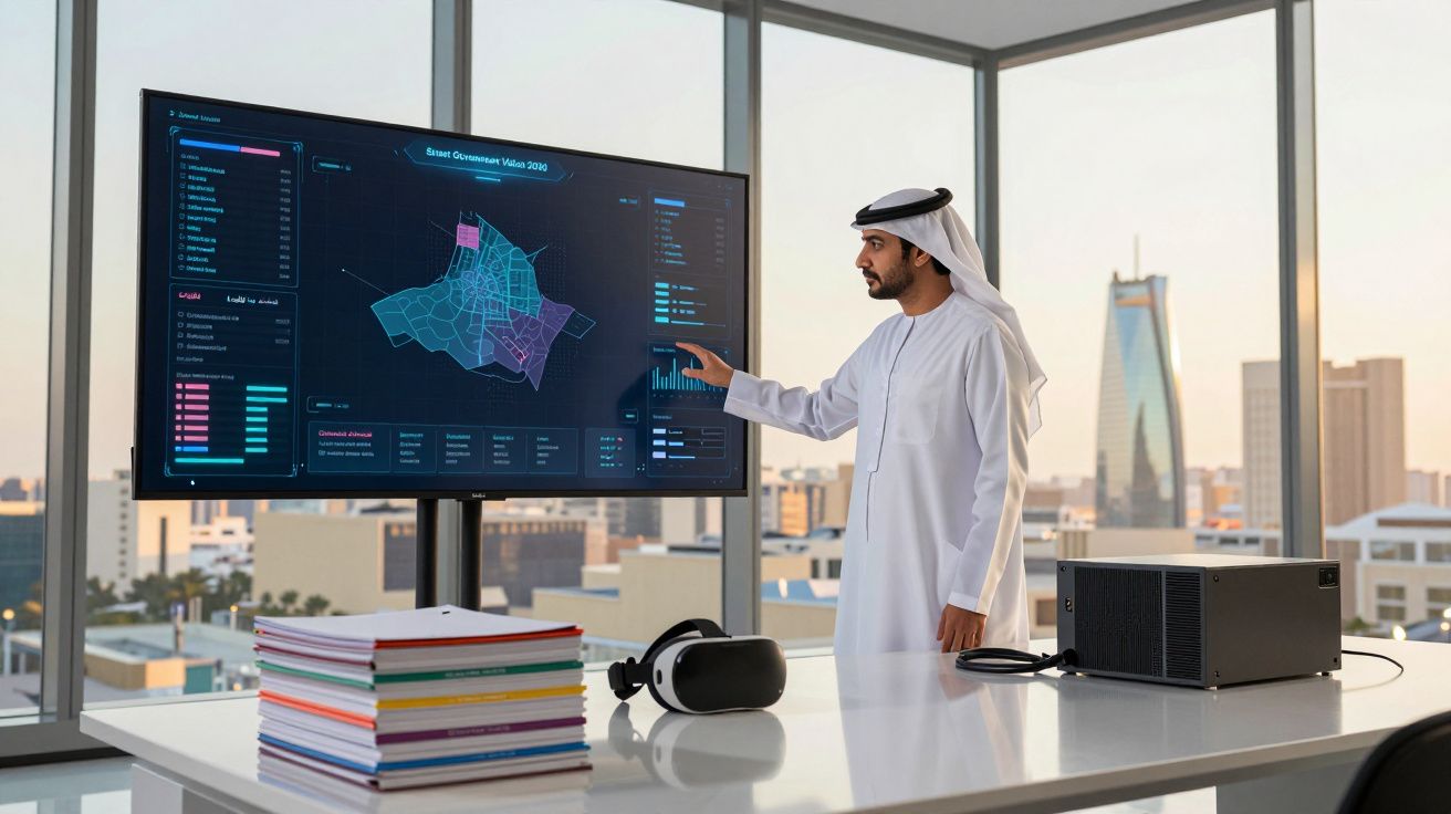 Homem árabe em escritório moderno interage com ecrã digital mostrando mapa e dados urbanos.