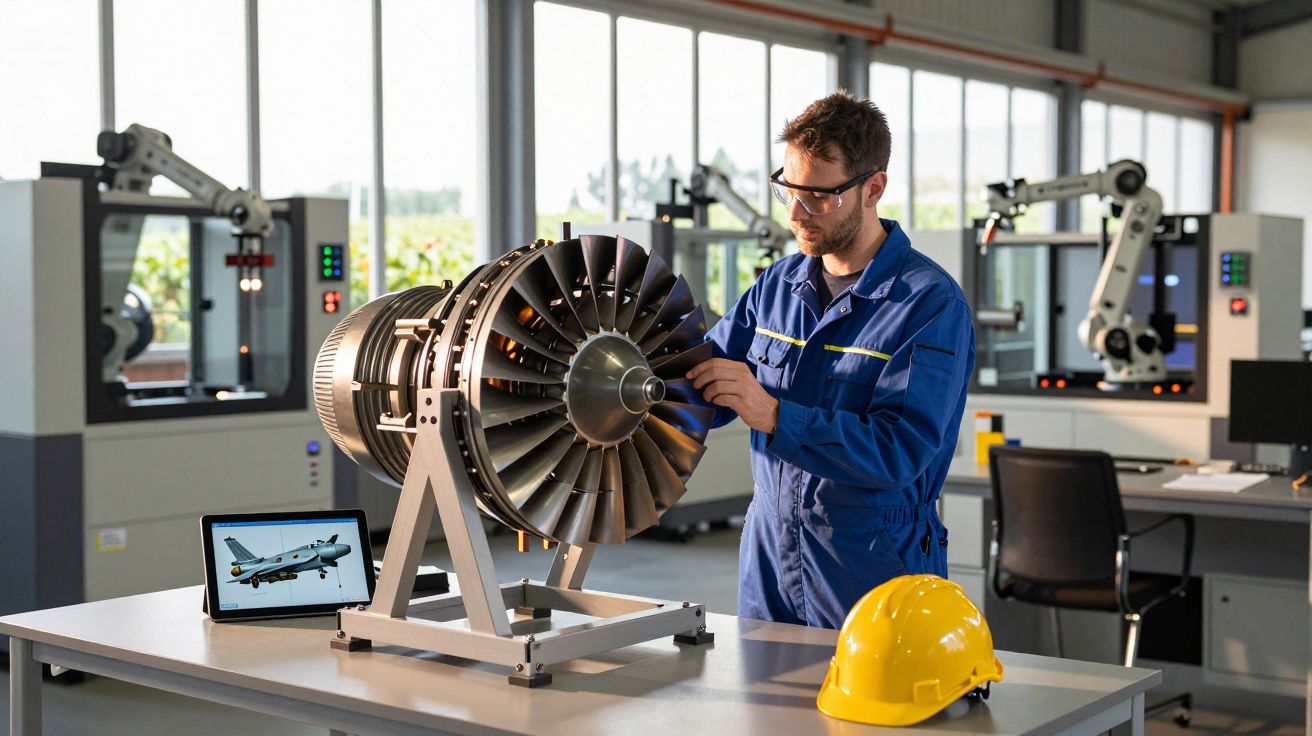 Engenheiro em fato azul inspeciona turbina de avião numa oficina com equipamento industrial moderno.