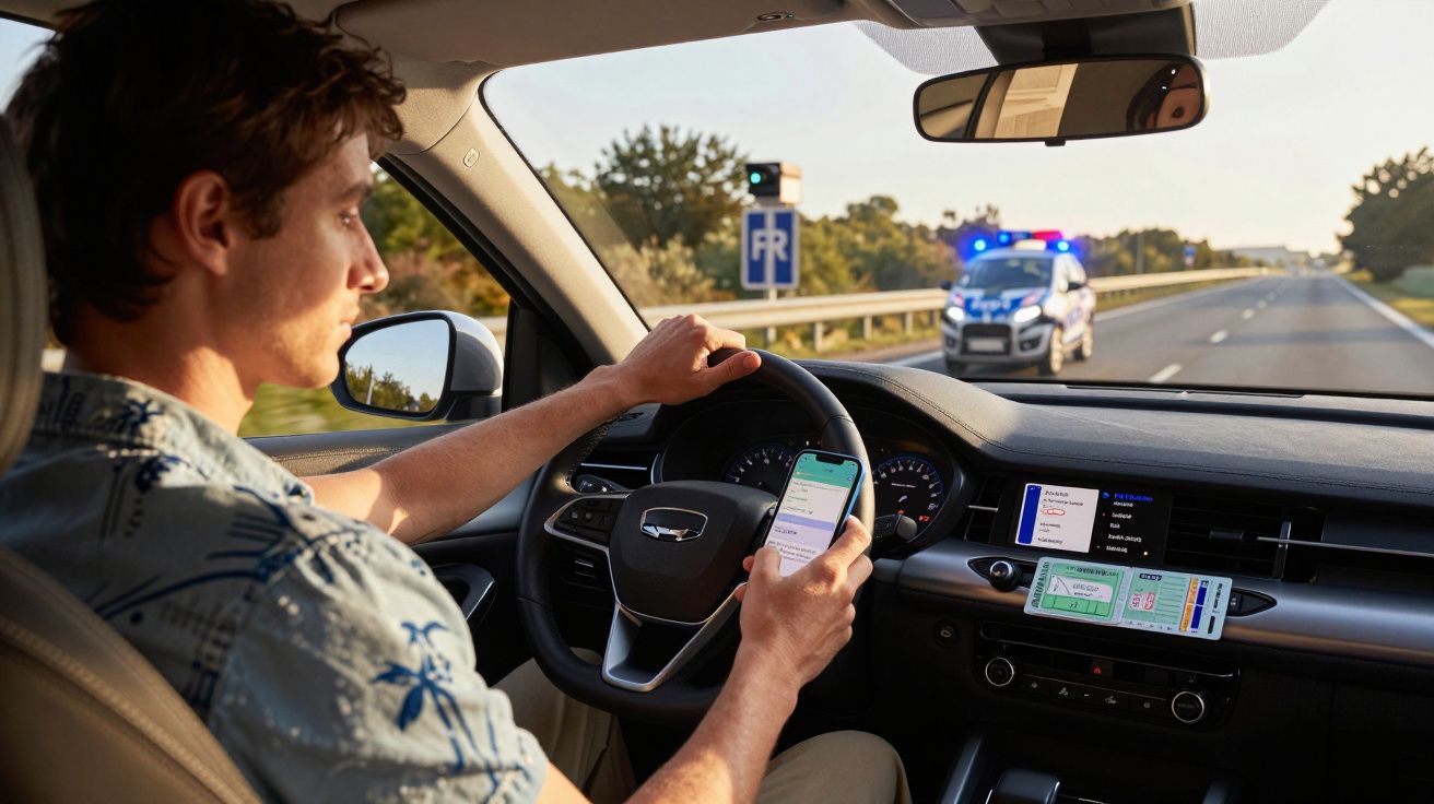 Homem ao volante a usar telemóvel enquanto um carro da polícia com luzes ligadas segue na estrada à frente.