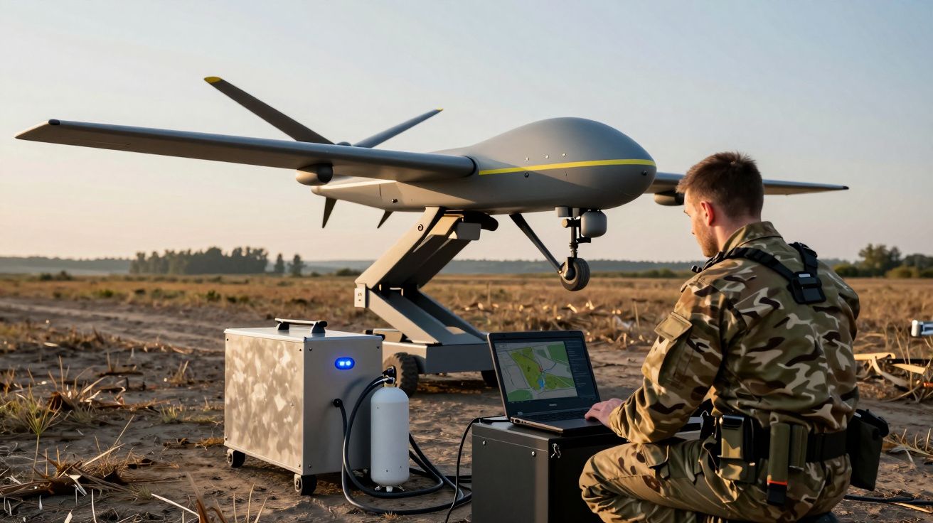 Soldado em camuflagem opera drone militar cinzento num campo ao pôr do sol, com equipamento tecnológico ligado.