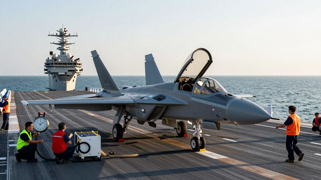 Caça militar cinzento com cabine aberta em porta-aviões com tripulantes a preparar voo no mar.