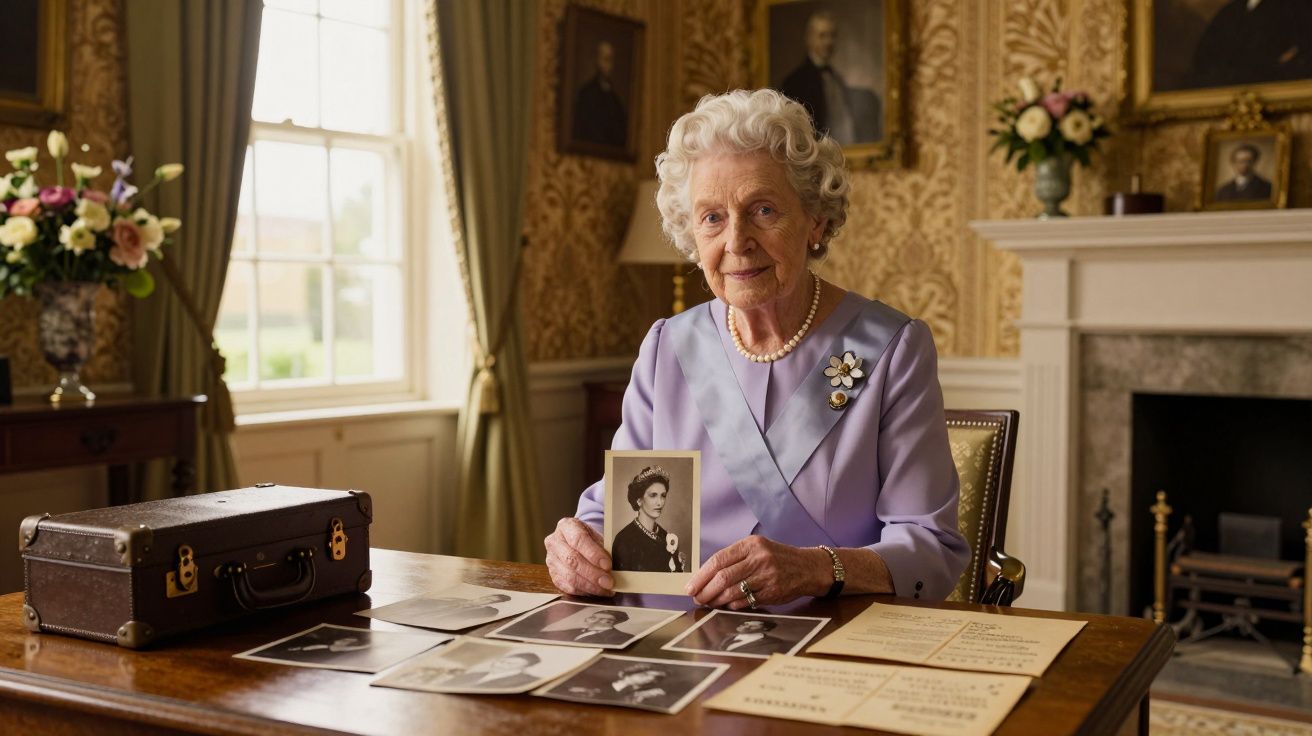 Idosa sentada numa sala antiga, segurando uma fotografia preta e branco, com outras fotos e documentos na mesa.