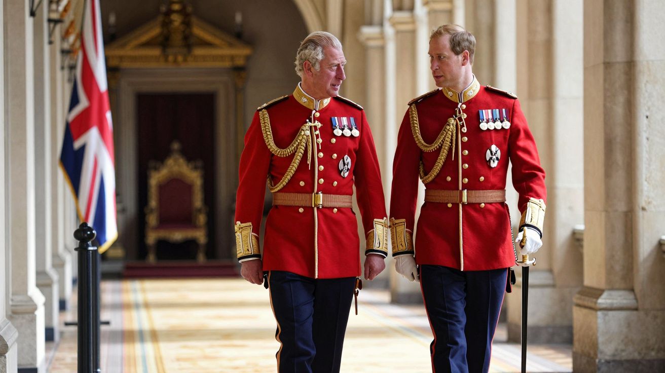 Dois homens em uniforme de cerimónia militar vermelho conversam num corredor palaciano com bandeira britânica ao fundo.