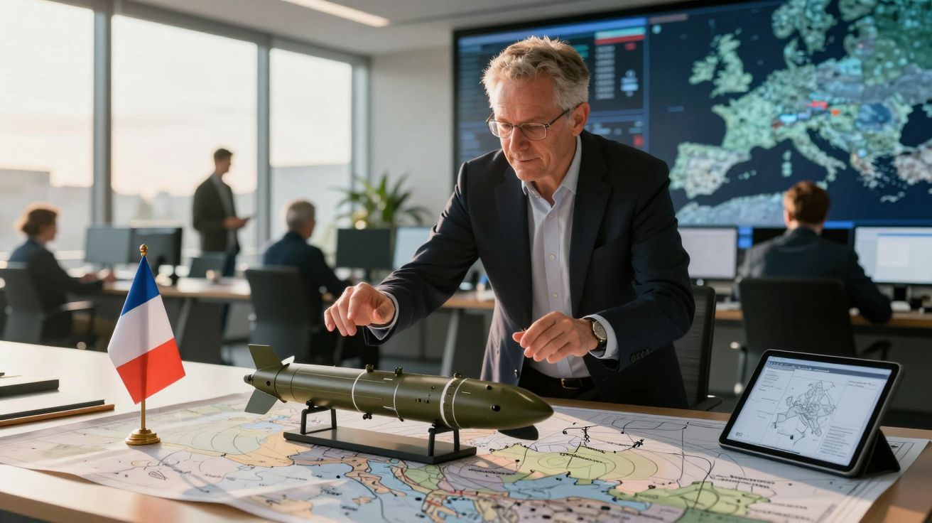 Homem de negócios analisa maquete de míssil sobre mapa estratégico com bandeira da França numa sala de controlo.