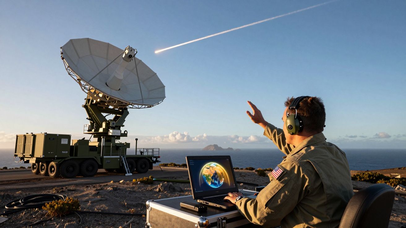 Militar com auriculares opera estação terrestre com antena parabólica gigante durante lançamento de míssil no litoral.