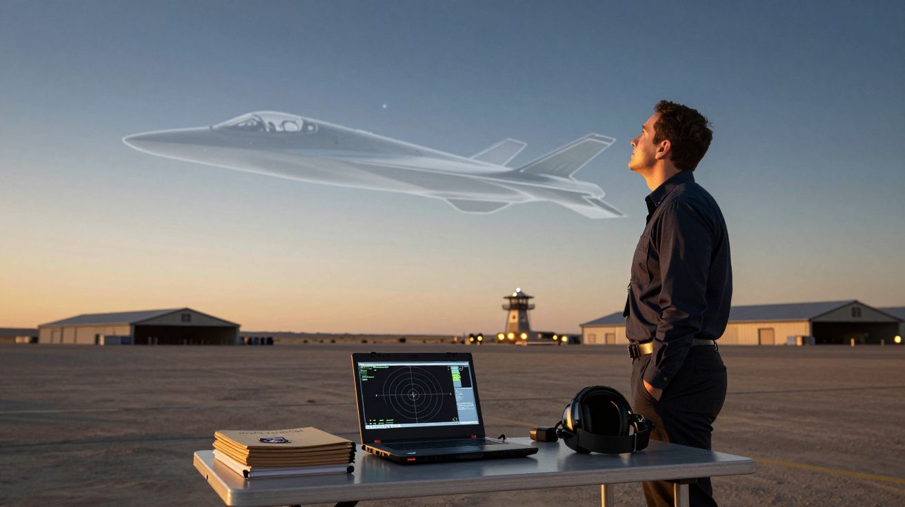 Homem observa projeção holográfica de avião militar no céu ao pôr do sol numa pista de aeroporto.