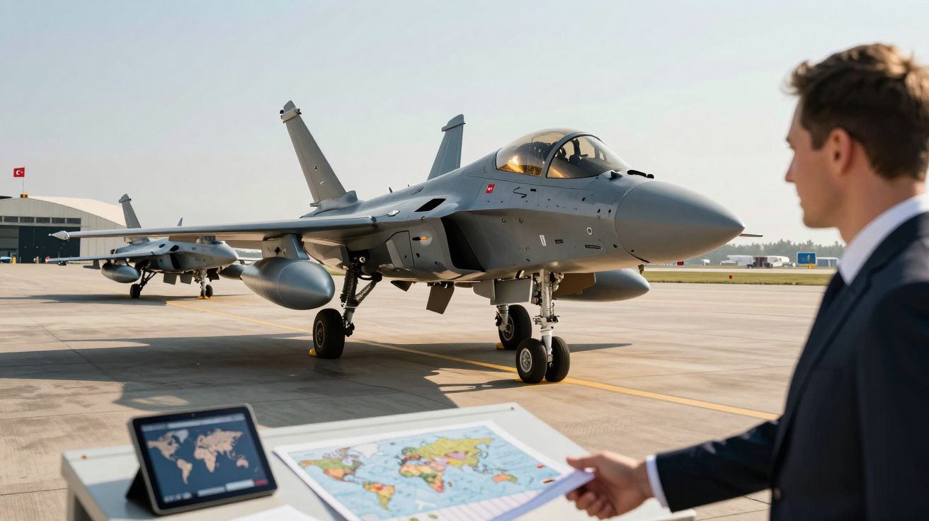 Caça militar cinzento estacionado num aeroporto com homem em fato a analisar mapas na frente.