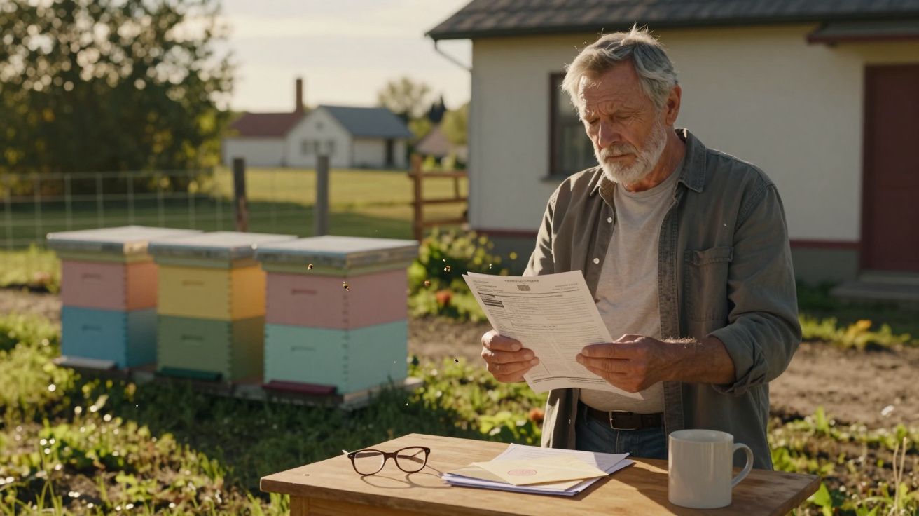 Homem idoso lê documento junto a colmeias coloridas numa quinta ao ar livre ao fim da tarde.