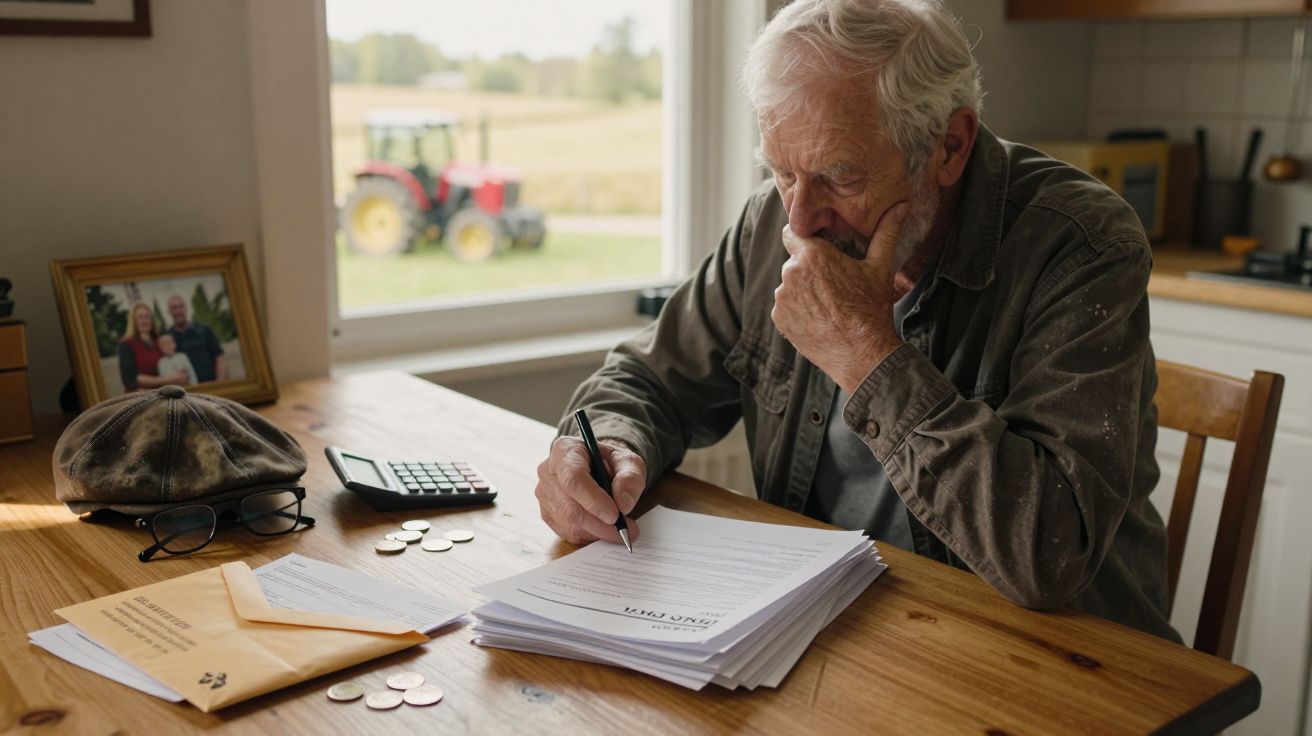 Homem idoso sentado à mesa a assinar documentos financeiros num ambiente doméstico com campo e trator ao fundo.