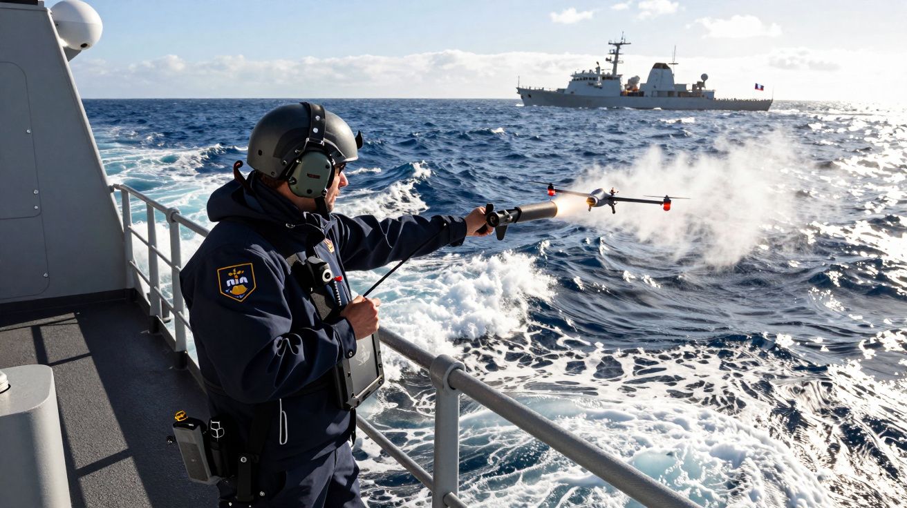 Homem em uniforme e capacete lança drone de torreta em navio militar no mar agitado.
