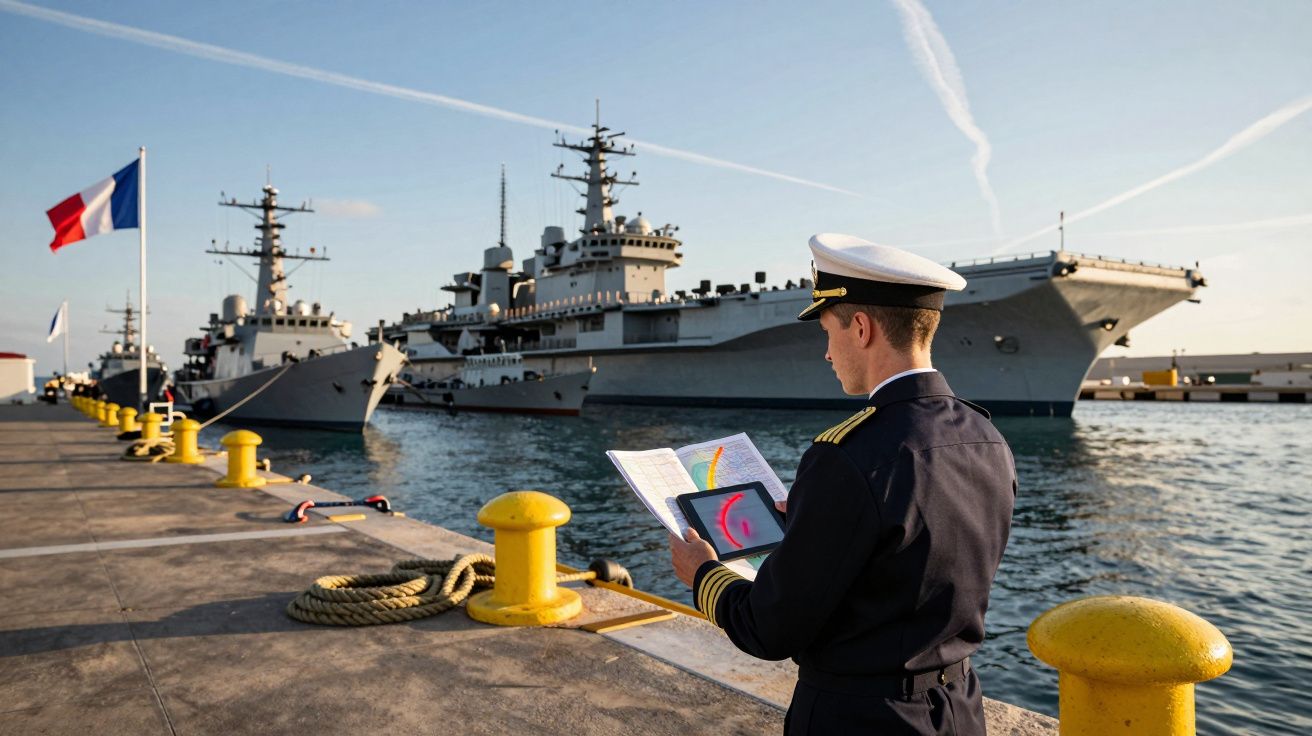 Oficial da marinha francesa em cais com navios de guerra ao fundo durante o dia.