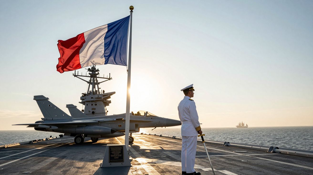 Bandeira francesa no convés de porta-aviões com um militar de uniforme branco e avião de caça ao pôr do sol.