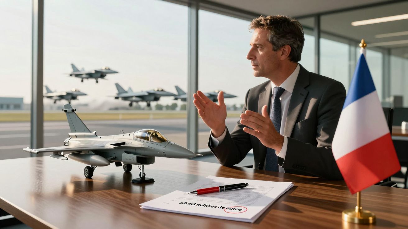 Homem de negócios numa sala com modelo de jato militar e bandeira de França, aviões a descolar ao fundo