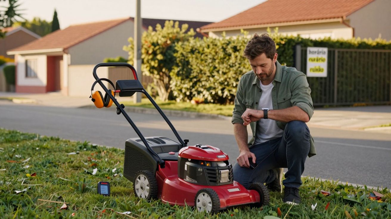 Homem ajoelhado na relva ao lado de máquina de cortar relva vermelha, olhando para o relógio.