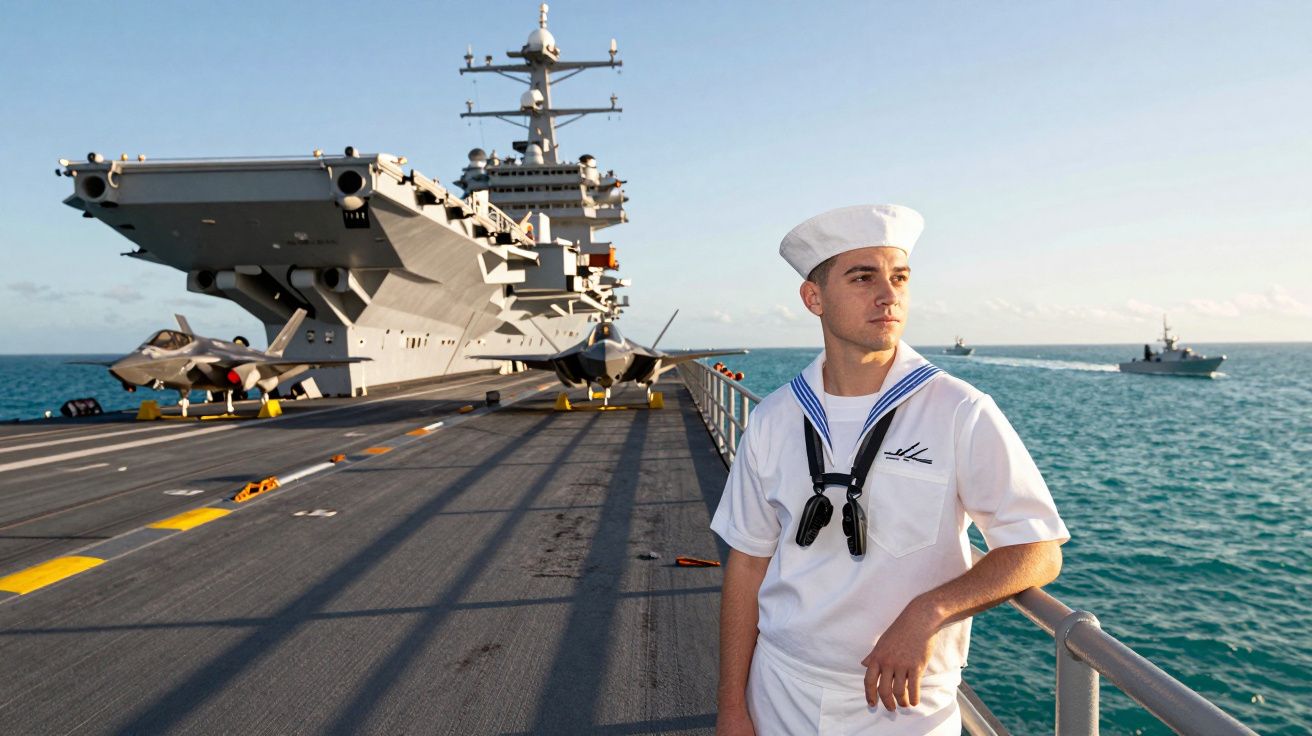Marinheiro a bordo de um porta-aviões em alto mar, com caça e outros navios ao fundo.