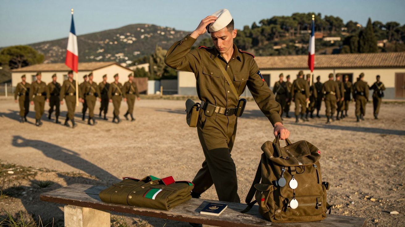 Soldado em uniforme militar a arrumar mochila num pátio, com grupo de soldados e bandeiras francesas ao fundo.